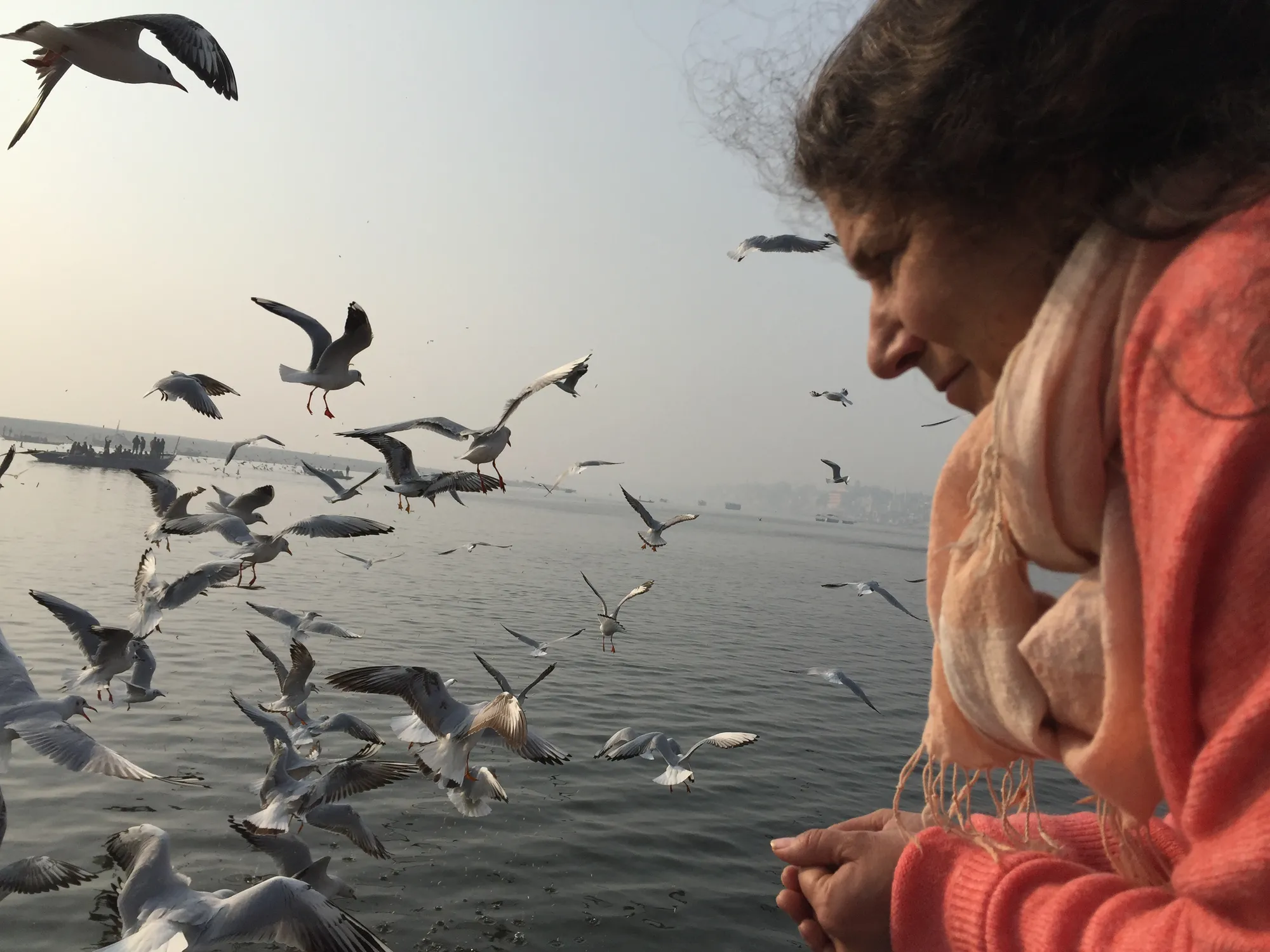 Mataji Shaktiananda contemplando las gaviotas sobre el río